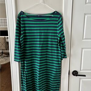 GAP Navy and Green Striped cotton dress. 3/4 length sleeves.